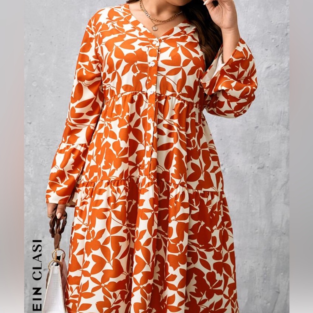 Orange Leaf Print Ruffle Hem Smock Dress size XL